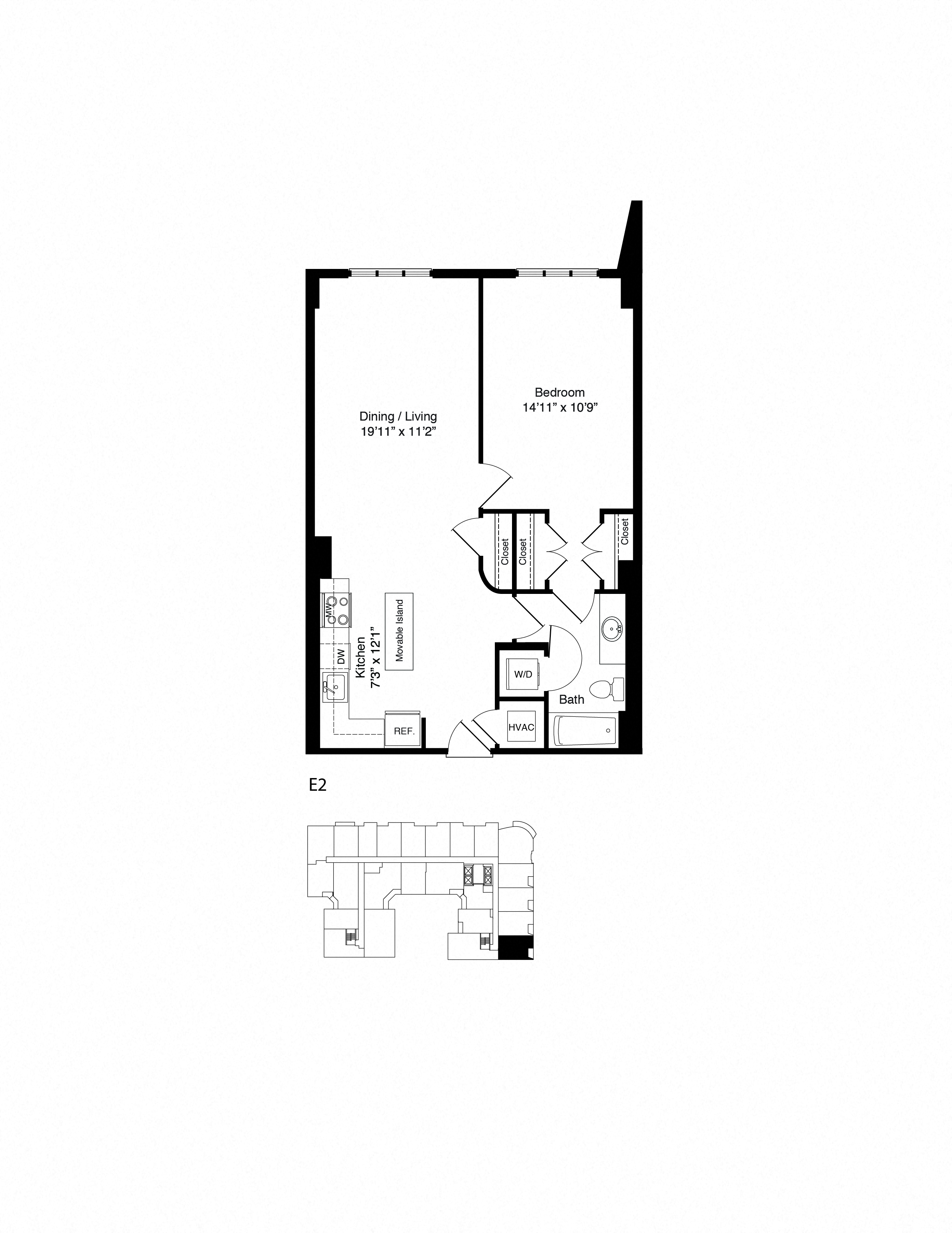 Floor plan for 1 bed, 1 bath, 765 sqft